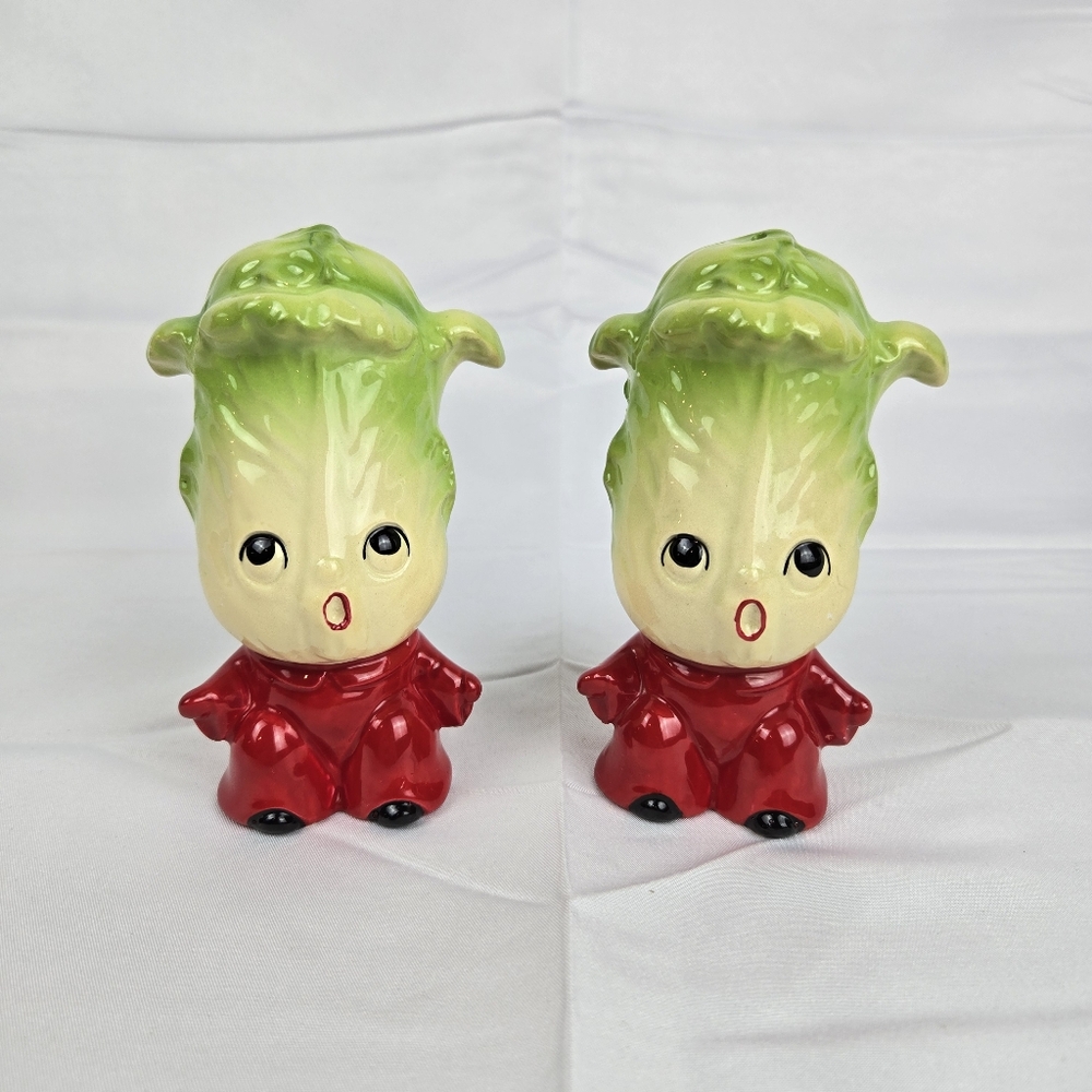 Vintage Anthropomorphic Romaine Bok Choy Leek Ceramic Salt  Pepper Shakers Japan